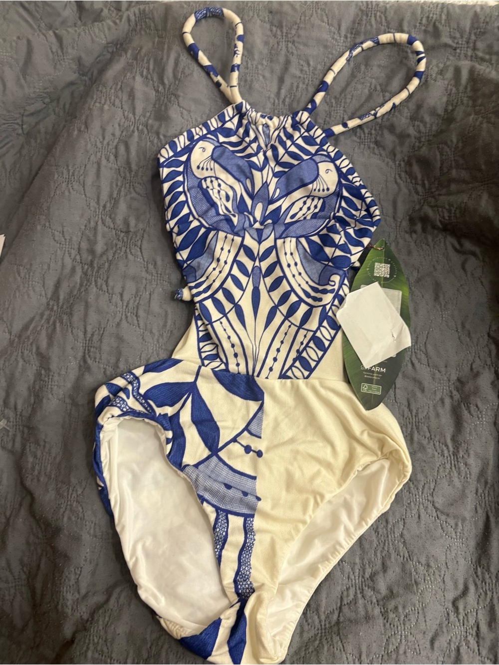 FARM RIO Ivory/Blue Samambaia E" foliage print halter neck Open Back
Swimsuit S - Picture 3 of 11